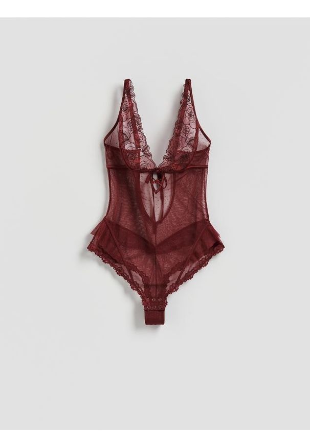 Reserved - Koronkowe body - mahoniowy. Kolor: brązowy. Materiał: koronka
