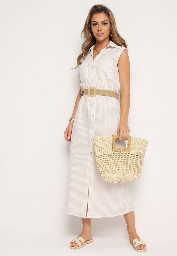 Born2be - Beżowa Bawełniana Sukienka Koszulowa z Gumką w Talii i Paskiem z Klamrą Xalorea. Kolor: beżowy. Materiał: bawełna. Wzór: paski. Typ sukienki: koszulowe