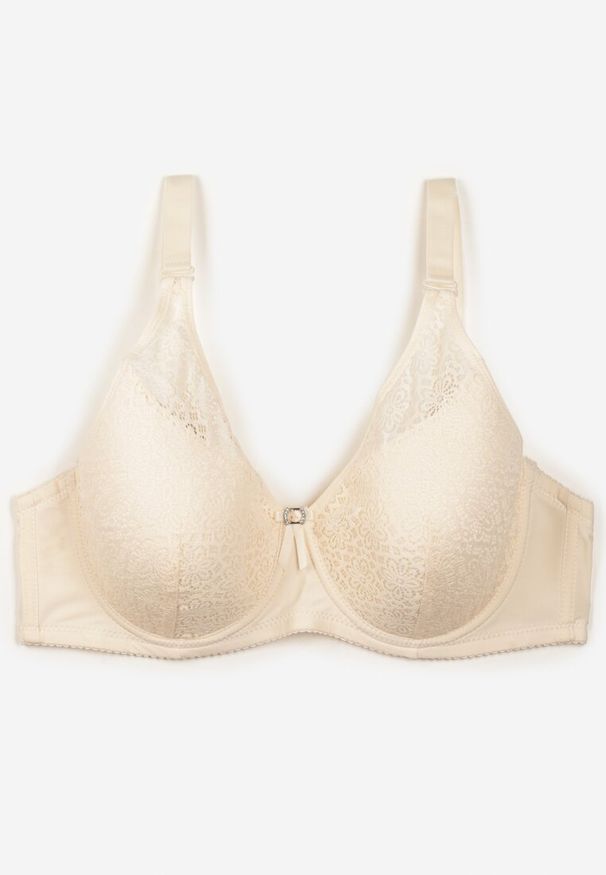 Born2be - Beżowy Biustonosz Full Cup Koronkowy z Kokardką i Cyrkoniami Lonikoria. Kolor: beżowy. Materiał: koronka. Wzór: koronka