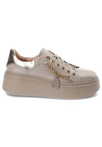 DAMISS - Beżowe Sneakersy Damiss Wygodne Skórzane Buty. Kolor: beżowy. Materiał: skóra. Szerokość cholewki: normalna. Wzór: aplikacja #8