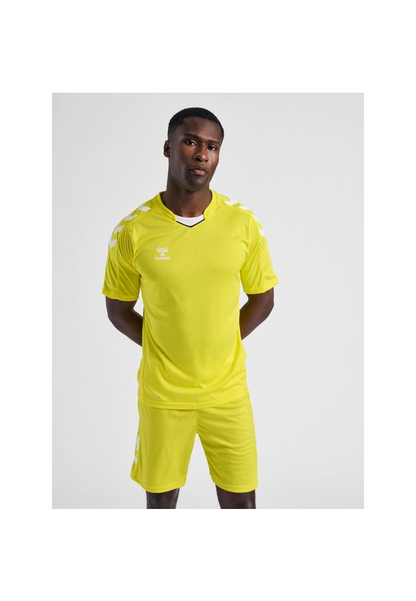 Koszulka piłkarska z krótkim rękawem męska Hummel Core XK Poly Jersey S/S. Kolor: żółty, wielokolorowy, zielony. Materiał: jersey. Długość rękawa: krótki rękaw. Długość: krótkie. Sport: piłka nożna