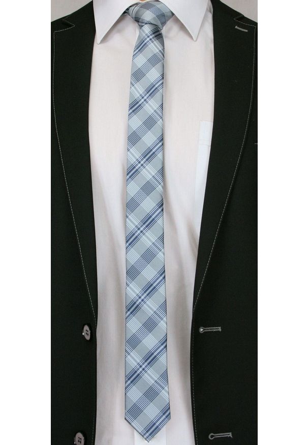 Alties - Szary Stylowy Krawat (Śledź) w Kratkę -ALTIES- 5 cm, Wąski, Męski. Kolor: szary. Materiał: tkanina. Wzór: kratka. Styl: elegancki