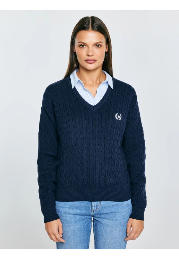 Big-Star - Sweter damski ze splotem warkoczowym z dekoltem v-neck granatowy Nisa 403. Kolor: niebieski. Materiał: bawełna, poliamid, włókno. Długość: długie. Wzór: ze splotem. Styl: klasyczny