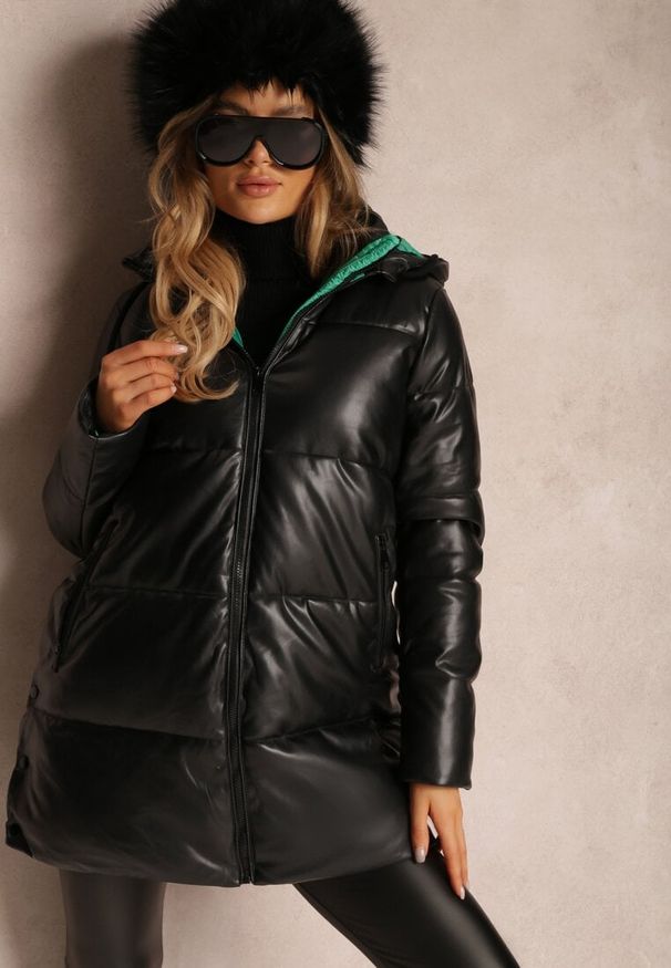 Renee - Czarno-Zielona Kurtka Pikowana z Imitacji Skóry Helle. Kolor: czarny. Materiał: skóra. Styl: klasyczny