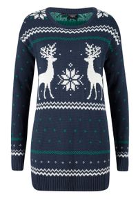 Sweter z zimowym motywem bonprix ciemnoniebieski z zimowym motywem. Kolor: zielony. Materiał: dzianina. Sezon: zima #1