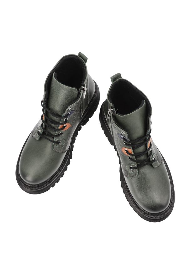 Zielone Botki Artiker Skórzane Obuwie Damskie. Zapięcie: sznurówki. Kolor: zielony. Materiał: skóra. Wzór: kolorowy. Sezon: zima, jesień. Styl: klasyczny