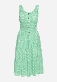 Born2be - Zielona Rozkloszowana Sukienka z Bawełny na Szerokich Ramiączkach z Gumką w Pasie Bellawish. Kolor: zielony. Materiał: bawełna. Długość rękawa: na ramiączkach. Styl: elegancki #2