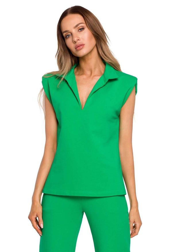 MOE - Bluzka w Szpic z Kołnierzykiem - Zielona. Kolor: zielony. Materiał: bawełna, elastan