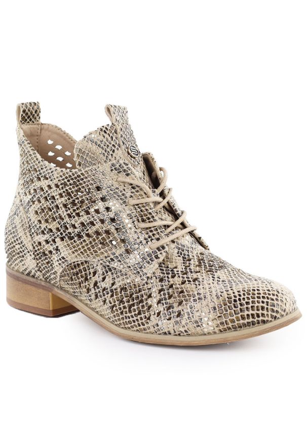 POTOCKI - Botki damskie ażurowe wężowe beżowe Potocki SZ12091. Kolor: beżowy. Materiał: skóra ekologiczna. Szerokość cholewki: normalna. Wzór: ażurowy