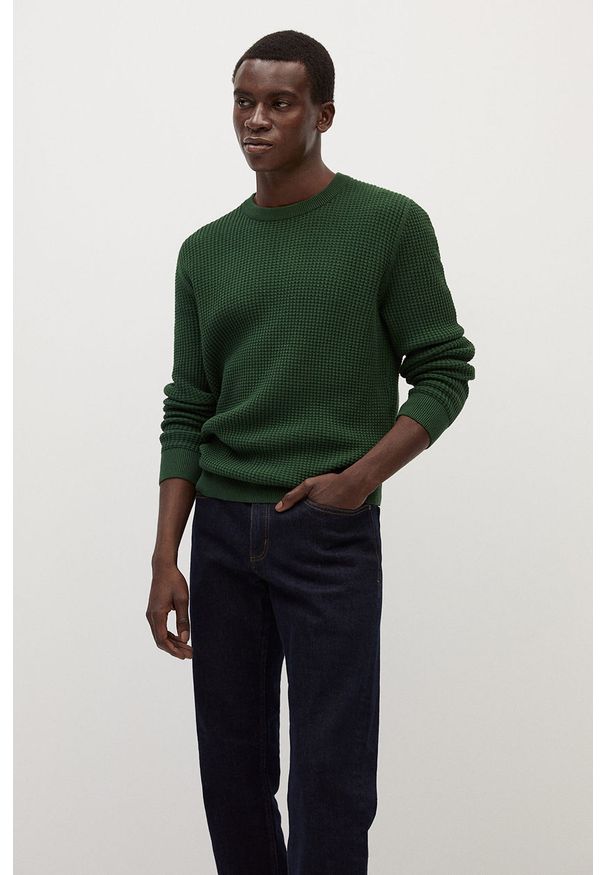 Mango Man - Sweter ROSE. Okazja: na co dzień. Kolor: zielony. Materiał: bawełna, materiał, dzianina, ze splotem. Długość rękawa: długi rękaw. Długość: długie. Wzór: gładki. Styl: casual