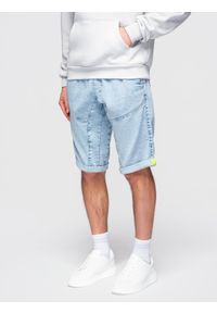 Ombre Clothing - Krótkie jeansowe spodenki męskie z ozdobnymi przeszyciami - jasnoniebieskie V2 - Rozmiar: L. Okazja: na co dzień. Kolor: niebieski. Materiał: jeans. Długość: krótkie. Styl: casual, wakacyjny