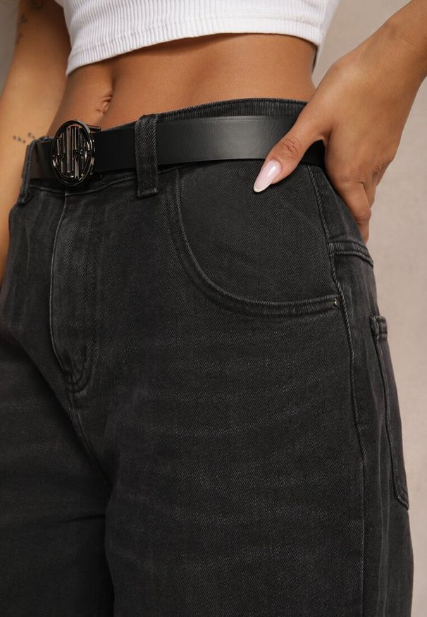 Renee - Ciemnoszare Jeansy High Waist z Bawełny z Paskiem Nevelith. Okazja: na co dzień. Stan: podwyższony. Kolor: szary. Styl: klasyczny, casual