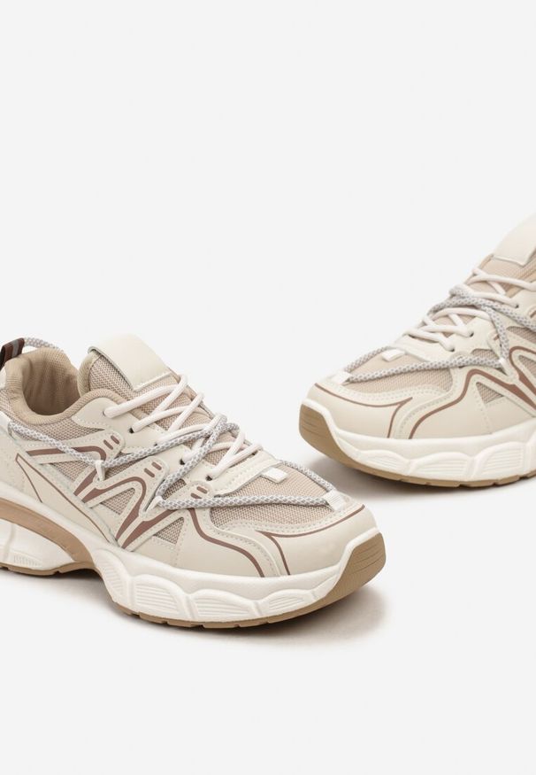 Born2be - Beżowe Sneakersy z Ekoskóry na Grubej Podeszwie z Podwójnym Sznurowaniem Cellira. Zapięcie: sznurówki. Kolor: beżowy. Materiał: jeans. Wzór: aplikacja