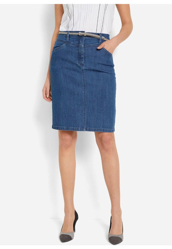 bonprix - Spódnica dżinsowa ze stretchem. Okazja: na spotkanie biznesowe, do pracy. Kolor: niebieski. Materiał: materiał. Wzór: nadruk. Styl: biznesowy, elegancki, sportowy, klasyczny