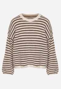 Born2be - Jasnobeżowy Sweter Oversize w Paski z Dodatkiem Wełny i Wiskozy Tianalla. Kolor: beżowy. Materiał: wiskoza, wełna. Wzór: paski. Styl: elegancki #3