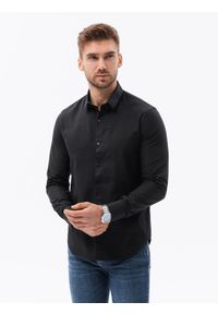 Ombre Clothing - Bawełniana koszula męska z tkaniny w stylu Oxford SLIM FIT - czarna V2 K642 - XXL. Kolor: czarny. Materiał: tkanina, bawełna
