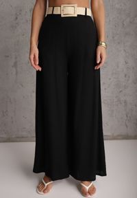 Renee - Czarne Spodnie High Waist Wide Leg z Wiskozą z Plecionym Paskiem Aridine. Okazja: na co dzień. Stan: podwyższony. Kolor: czarny. Materiał: wiskoza. Styl: casual, elegancki #6