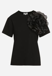 Born2be - Czarny T-shirt Koszulka z Krótkim Rękawem i Aplikacją w Kształcie Kwiatu Nestairis. Kolor: czarny. Długość rękawa: krótki rękaw. Długość: krótkie. Wzór: aplikacja, kwiaty. Styl: klasyczny #4