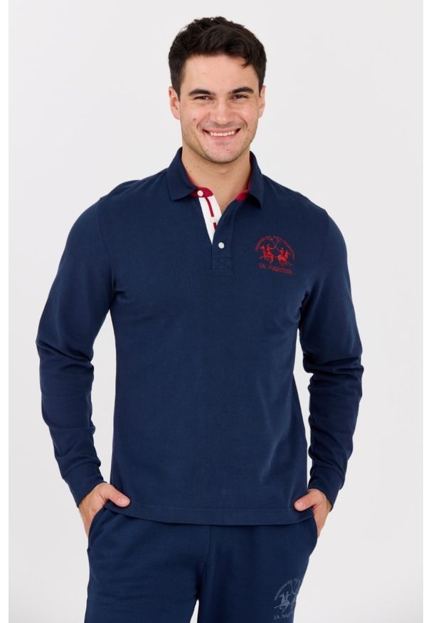 La Martina - LA MARTINA Granatowy męski longsleeve polo HEAVY JERSEY, Rozmiar L. Okazja: na co dzień. Typ kołnierza: polo. Kolor: niebieski. Materiał: jersey. Długość rękawa: długi rękaw. Styl: casual, klasyczny