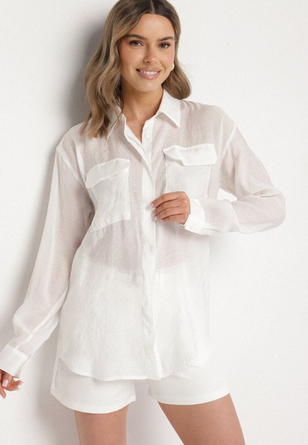 Born2be - Jasnobeżowa Koszula z Modalem i Ozdobnymi Kieszeniami Mavisene. Okazja: na co dzień. Kolor: beżowy. Materiał: jeans. Styl: klasyczny, elegancki, casual