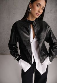 Renee - Czarna Kurtka Ramoneska Bomber z Kieszeniami z Klapami Nealira. Okazja: na co dzień. Kolor: czarny. Materiał: skóra, poliester. Styl: rockowy, casual #6