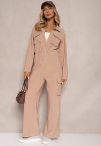 Renee - Ciemnobeżowy Kombinezon w Stylu Utility Taliowany Liarael. Kolor: beżowy. Materiał: tkanina #4