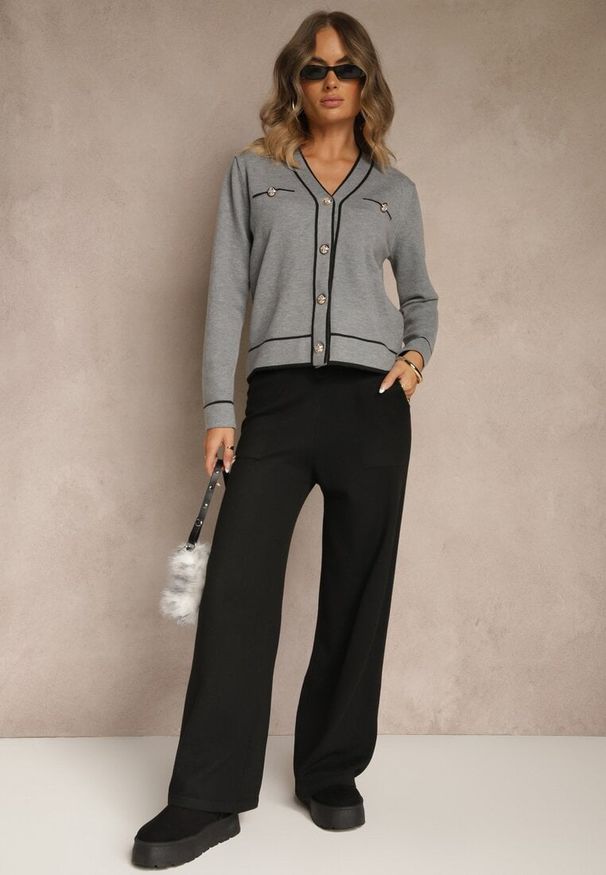 Renee - Szary Komplet z Dzianiny Spodnie Wide Leg i Retro Kardigan Giosila. Kolekcja: plus size. Kolor: szary. Materiał: dzianina