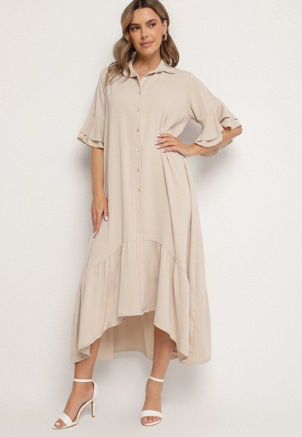 Born2be - Beżowa Sukienka Koszulowa z Ozdobną Falbanką Daviravie. Okazja: na co dzień. Kolor: beżowy. Typ sukienki: koszulowe. Styl: klasyczny, casual, elegancki