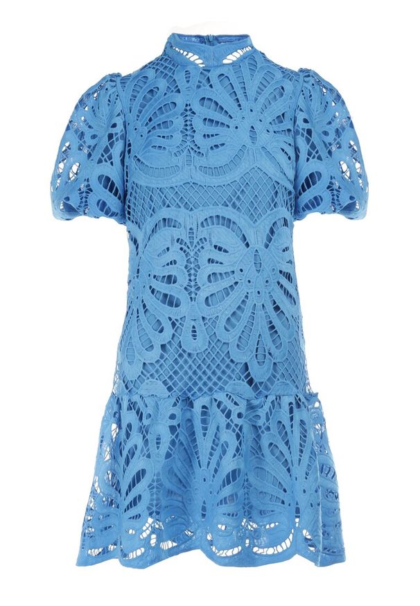 Born2be - Niebieska Sukienka Cilleis. Typ kołnierza: kołnierzyk stójkowy. Kolor: niebieski. Materiał: koronka. Wzór: ażurowy, aplikacja, koronka. Styl: elegancki. Długość: mini