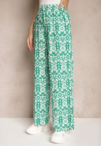 Renee - Zielone Wzorzyste Spodnie z Szerokimi Nogawkami i Gumką w Pasie z Wiskozy Zixia. Okazja: na co dzień. Kolor: zielony. Materiał: wiskoza. Styl: casual, boho