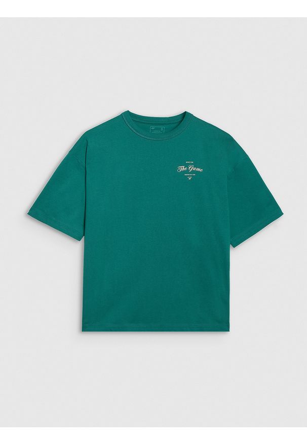 4f - 4F T-shirt oversize z nadrukiem damski - turkusowy XXL. Okazja: na co dzień. Kolor: turkusowy. Materiał: materiał, bawełna, jersey, dzianina. Długość rękawa: krótki rękaw. Długość: krótkie. Wzór: nadruk. Styl: sportowy, klasyczny, casual