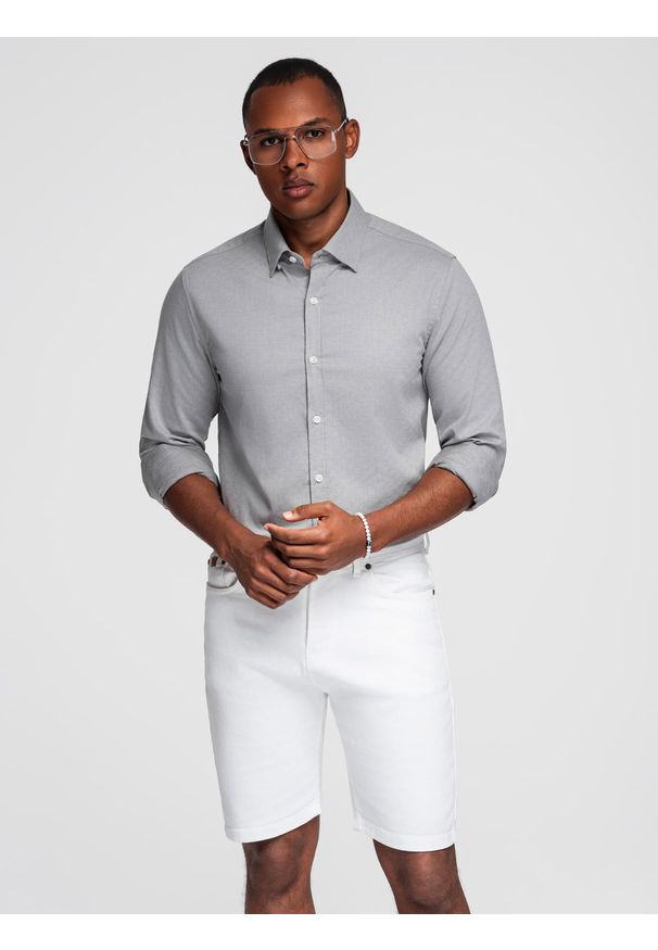 Ombre Clothing - Męska koszula SLIM FIT z ozdobnej tkaniny – szara V2 - Rozmiar: XL. Okazja: do pracy, na co dzień. Kolor: szary. Materiał: tkanina. Wzór: haft, aplikacja, ze splotem. Styl: klasyczny, casual