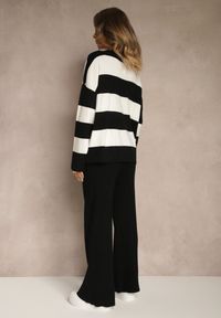 Renee - Czarny Komplet z Dzianiny Spodnie Wide Leg i Sweter w Szerokie Pasy Falorella. Kolor: czarny. Materiał: dzianina