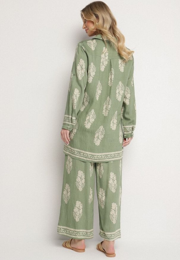 Born2be - Zielony Komplet w Stylu Boho Oversize Długa Koszula i Luźne Spodnie Meppina. Kolor: zielony. Materiał: skóra