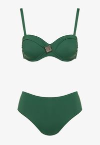 Born2be - Ciemnozielone Bikini Majtki Typu Figi i Biustonosz z Geometryczną Ozdobą Kinavia. Kolor: zielony. Wzór: aplikacja, geometria