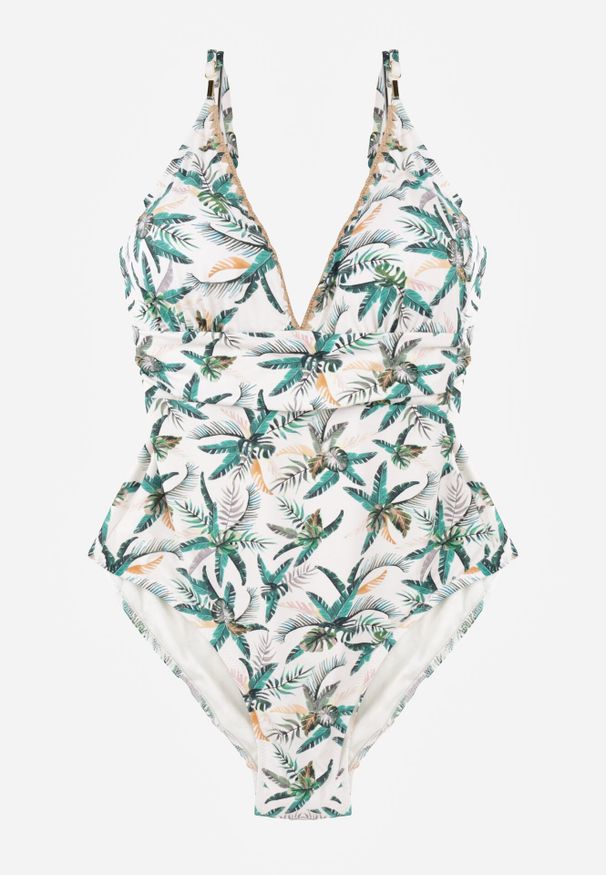 Born2be - Biało-Zielony Strój Kąpielowy w Liściasty Wzór Corravia. Kolekcja: plus size. Kolor: beżowy