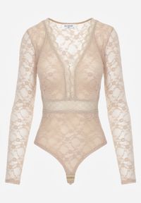 Born2be - Beżowe Koronkowe Body z Długimi Rękawami i Ozdobnym Dekoltem Nefunia. Kolor: beżowy. Materiał: koronka. Długość rękawa: długi rękaw. Długość: długie #5