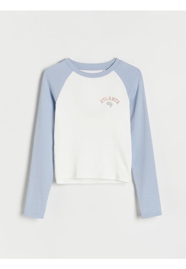 Reserved - Bawełniana bluzka z nadrukiem - jasnoniebieski. Kolor: niebieski. Materiał: bawełna. Wzór: nadruk