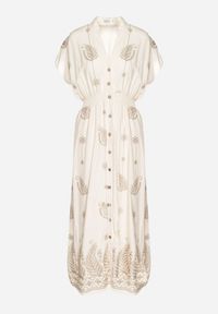 Born2be - Beżowa Koszulowa Sukienka z Bawełną Ozdobiona Metaliczną Nicią Tirlio. Okazja: na co dzień, na spacer. Kolor: beżowy. Materiał: bawełna. Wzór: aplikacja. Typ sukienki: koszulowe. Styl: casual, elegancki, klasyczny #2