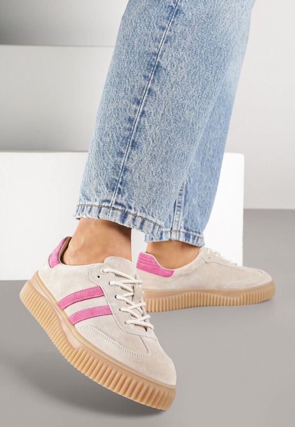 Born2be - Beżowo-Fuksjowe Skórzane Sneakersy Klasyczne Tenisówki z Zamszu Naturalnego Teniresela. Okazja: na co dzień. Kolor: beżowy. Materiał: zamsz, skóra