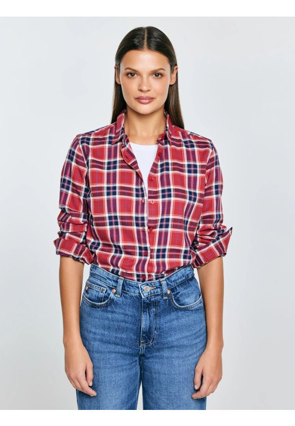 Big-Star - Koszula damska w kratę z wiskozy czerwona Petrini 604. Typ kołnierza: kołnierzyk klasyczny. Kolor: czerwony. Materiał: wiskoza. Styl: klasyczny, retro, elegancki