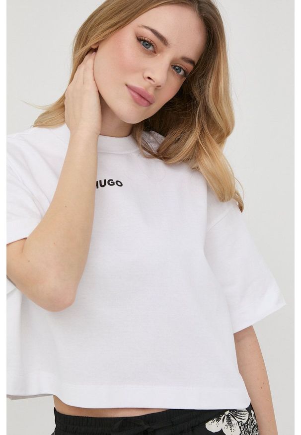 Hugo - HUGO t-shirt bawełniany kolor biały. Kolor: biały. Materiał: bawełna. Wzór: gładki