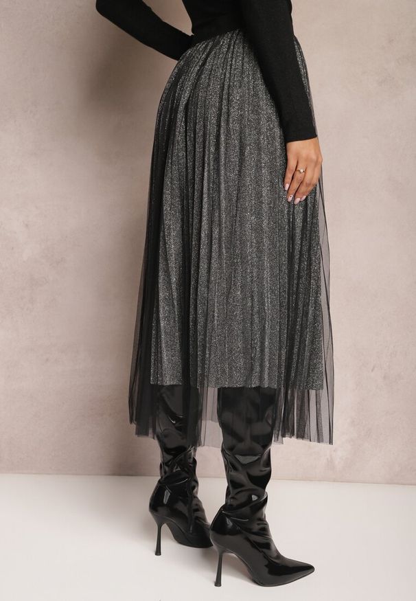Renee - Czarno-Srebrna Spódnica Voloelle. Kolor: czarny. Materiał: dzianina. Styl: glamour, elegancki, klasyczny