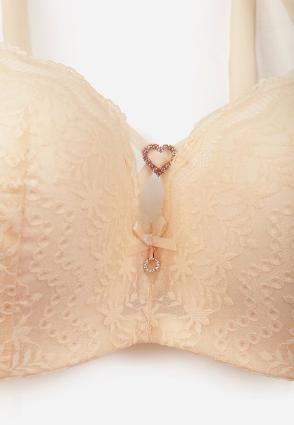 Renee - Jasnobeżowy Biustonosz z Koronki z Sercem z Cyrkonii Adrievianna. Kolor: beżowy. Materiał: koronka. Wzór: koronka