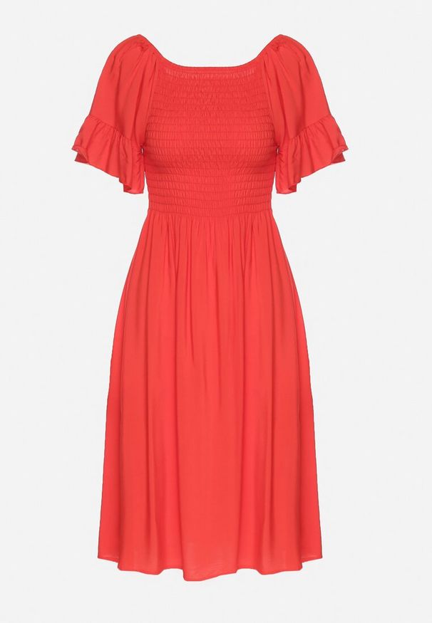 Born2be - Czerwona Rozkloszowana Sukienka Bawełniana z Bufiastymi Rękawami i Elastyczną Górą Veliova. Okazja: na co dzień. Kolor: czerwony. Materiał: bawełna. Styl: elegancki, casual