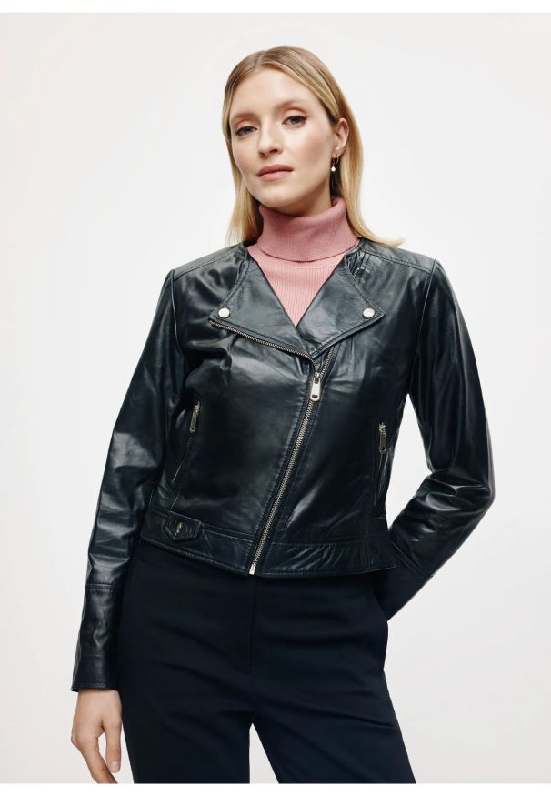 Ochnik - Skórzana ramoneska damska. Kolor: czarny. Materiał: skóra. Wzór: gładki