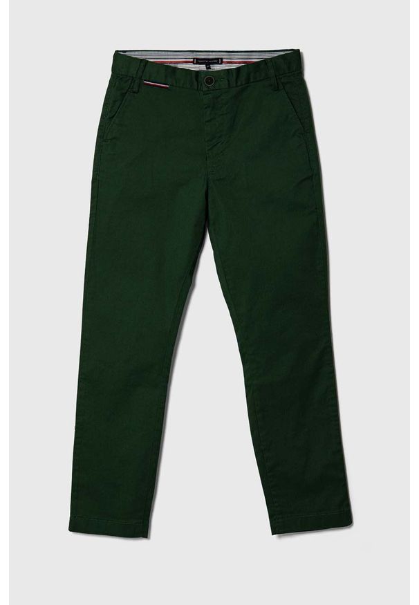 TOMMY HILFIGER - Tommy Hilfiger spodnie dziecięce kolor zielony gładkie. Okazja: na co dzień. Kolor: zielony. Materiał: bawełna. Wzór: gładki. Styl: casual