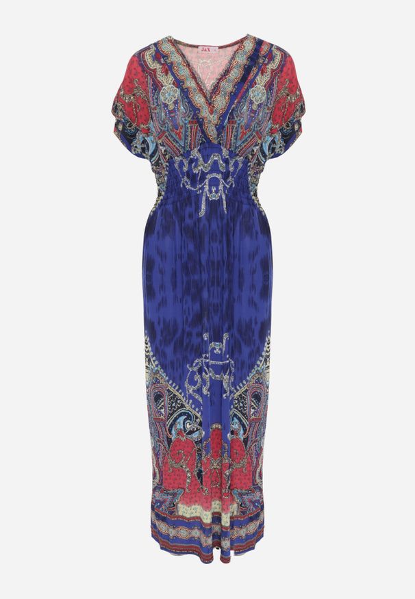 Renee - Niebieska Sukienka o Kopertowym Kroju w Ornamentalny Print Nalori. Okazja: na co dzień. Typ kołnierza: dekolt w serek. Kolor: niebieski. Wzór: nadruk. Typ sukienki: kopertowe. Materiał: materiał. Długość rękawa: krótki rękaw. Styl: boho, wakacyjny, casual. Długość: maxi