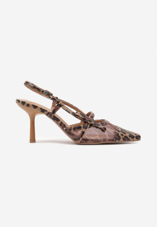 Renee - Panterkowe Czółenka na Szpilce Typu Slingback z Siateczkową Cholewką Asdexia. Okazja: na co dzień, na spacer. Nosek buta: szpiczasty. Zapięcie: sprzączka. Materiał: jeans. Szerokość cholewki: normalna. Obcas: na szpilce. Styl: elegancki, casual