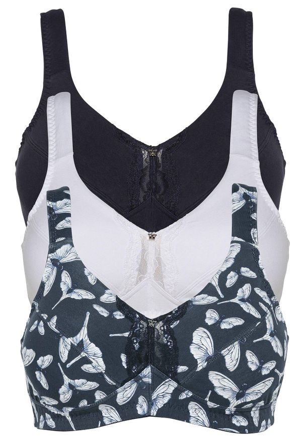 bonprix - Biustonosz bez fiszbinów z bawełny organicznej (3 szt.). Kolor: niebieski. Materiał: bawełna. Wzór: nadruk, aplikacja, koronka